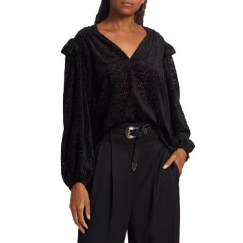 Tanya Taylor Designs Lucy Top‎ Blouse Ruffle Black Burn out Velvet MSRP $365 XS